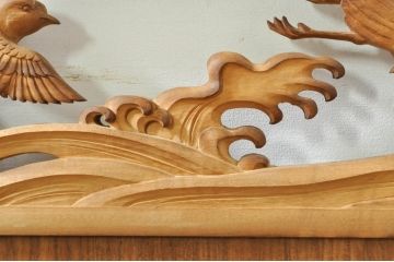 ビンテージ建具　波千鳥のデザインが上品な彫刻欄間2枚セット(明り取り、明かり取り、ヴィンテージ)(R-076351)