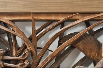 アンティーク建具　井波彫刻　横山一夢作　躍動感ある鶴が美しい両面彫刻欄間2枚セット(明かり取り、明り取り)(R-076352)