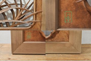 アンティーク建具　井波彫刻　横山一夢作　躍動感ある鶴が美しい両面彫刻欄間2枚セット(明かり取り、明り取り)(R-076352)