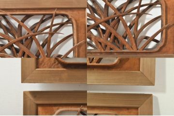 アンティーク建具　井波彫刻　横山一夢作　躍動感ある鶴が美しい両面彫刻欄間2枚セット(明かり取り、明り取り)(R-076352)