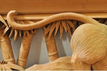 ビンテージ建具　井波彫刻　吉田信久作　躍動感ある虎(トラ)と竹林が美しい両面彫刻欄間2枚セット(明かり取り、明り取り、ヴィンテージ)(R-076353)