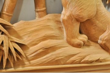 ビンテージ建具　井波彫刻　吉田信久作　躍動感ある虎(トラ)と竹林が美しい両面彫刻欄間2枚セット(明かり取り、明り取り、ヴィンテージ)(R-076353)