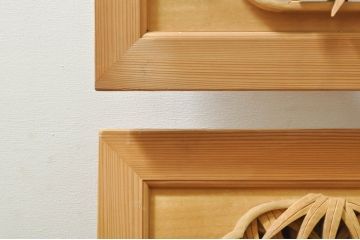 ビンテージ建具　井波彫刻　吉田信久作　躍動感ある虎(トラ)と竹林が美しい両面彫刻欄間2枚セット(明かり取り、明り取り、ヴィンテージ)(R-076353)