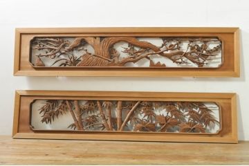 アンティーク建具　井波彫刻　巧記富吉作　繊細な四君子(蘭・菊・梅・竹)のデザインが目を惹く両面彫刻欄間2枚セット(R-076354)