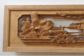 アンティーク建具　井波彫刻　壽山作　松の木と風情ある風景の図柄が美しい両面彫刻欄間2枚セット(明かり取り、明り取り)(R-076355)