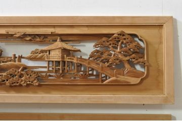 アンティーク建具　井波彫刻　壽山作　松の木と風情ある風景の図柄が美しい両面彫刻欄間2枚セット(明かり取り、明り取り)(R-076355)
