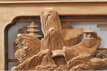 アンティーク建具　井波彫刻　壽山作　松の木と風情ある風景の図柄が美しい両面彫刻欄間2枚セット(明かり取り、明り取り)(R-076355)