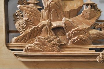 アンティーク建具　井波彫刻　壽山作　松の木と風情ある風景の図柄が美しい両面彫刻欄間2枚セット(明かり取り、明り取り)(R-076355)