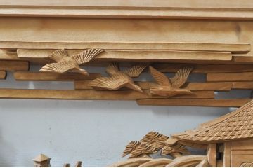アンティーク建具　井波彫刻　壽山作　松の木と風情ある風景の図柄が美しい両面彫刻欄間2枚セット(明かり取り、明り取り)(R-076355)