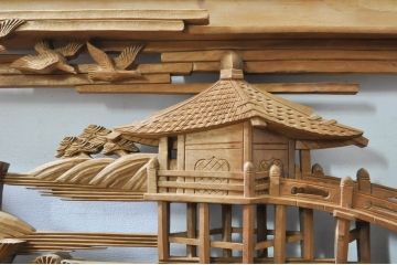 アンティーク建具　井波彫刻　壽山作　松の木と風情ある風景の図柄が美しい両面彫刻欄間2枚セット(明かり取り、明り取り)(R-076355)