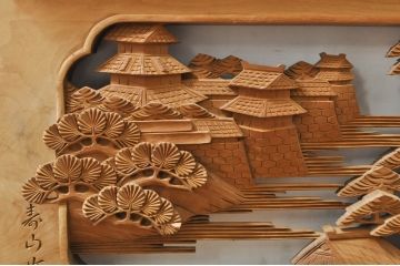アンティーク建具　井波彫刻　壽山作　松の木と風情ある風景の図柄が美しい両面彫刻欄間2枚セット(明かり取り、明り取り)(R-076355)