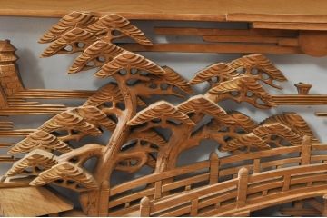 アンティーク建具　井波彫刻　壽山作　松の木と風情ある風景の図柄が美しい両面彫刻欄間2枚セット(明かり取り、明り取り)(R-076355)