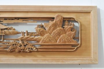 アンティーク建具　井波彫刻　壽山作　松の木と風情ある風景の図柄が美しい両面彫刻欄間2枚セット(明かり取り、明り取り)(R-076355)