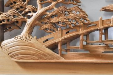 アンティーク建具　井波彫刻　壽山作　松の木と風情ある風景の図柄が美しい両面彫刻欄間2枚セット(明かり取り、明り取り)(R-076355)