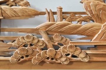 アンティーク建具　井波彫刻　壽山作　松の木と風情ある風景の図柄が美しい両面彫刻欄間2枚セット(明かり取り、明り取り)(R-076355)