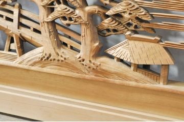 アンティーク建具　井波彫刻　壽山作　松の木と風情ある風景の図柄が美しい両面彫刻欄間2枚セット(明かり取り、明り取り)(R-076355)
