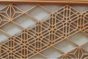 ビンテージ建具　凝ったデザインが魅力的な障子付き組子欄間1枚(明かり取り、明り取り、ヴィンテージ)(R-076361)