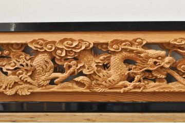 ビンテージ建具　杉(スギ)材　躍動感ある龍(竜)が見事な両面彫刻欄間2枚セット(明かり取り、明り取り、ヴィンテージ)(R-076362)