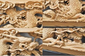 ビンテージ建具　杉(スギ)材　躍動感ある龍(竜)が見事な両面彫刻欄間2枚セット(明かり取り、明り取り、ヴィンテージ)(R-076362)