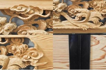 ビンテージ建具　杉(スギ)材　躍動感ある龍(竜)が見事な両面彫刻欄間2枚セット(明かり取り、明り取り、ヴィンテージ)(R-076362)
