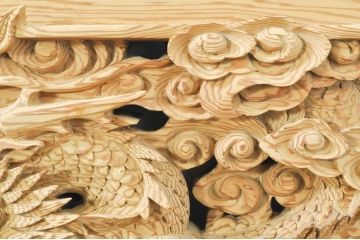 ビンテージ建具　杉(スギ)材　躍動感ある龍(竜)が見事な両面彫刻欄間2枚セット(明かり取り、明り取り、ヴィンテージ)(R-076362)