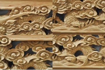 ビンテージ建具　杉(スギ)材　躍動感ある龍(竜)が見事な両面彫刻欄間2枚セット(明かり取り、明り取り、ヴィンテージ)(R-076362)