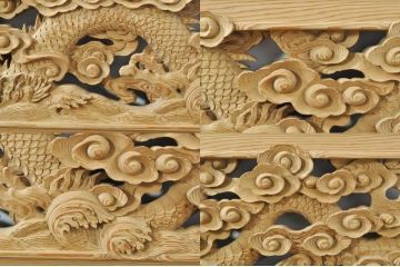 ビンテージ建具　杉(スギ)材　躍動感ある龍(竜)が見事な両面彫刻欄間2枚セット(明かり取り、明り取り、ヴィンテージ)(R-076362)
