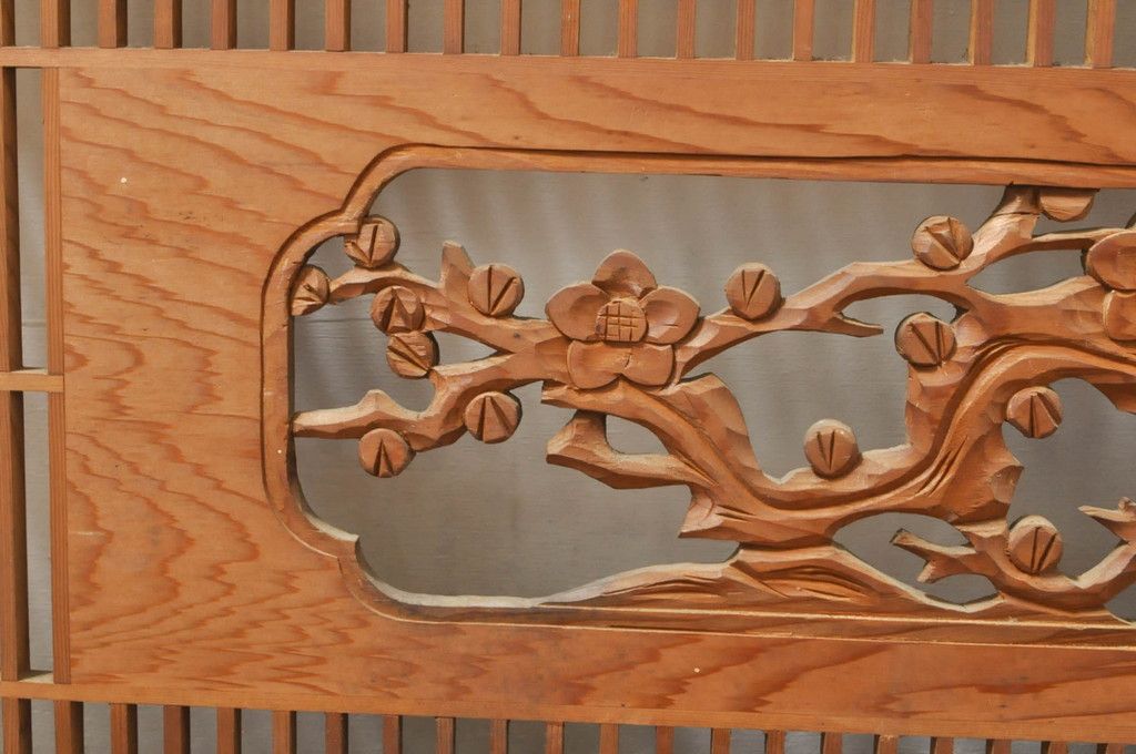 ビンテージ建具 松竹梅 和の空間を演出する彫刻入り組子欄間2枚セット(明り取り、明かり取り、彫刻欄間、ランマ、ヴィンテージ)(R-076368)