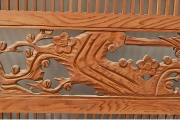 ビンテージ建具　松竹梅　和の空間を演出する彫刻入り組子欄間2枚セット(明り取り、明かり取り、彫刻欄間、ランマ、ヴィンテージ)(R-076368)
