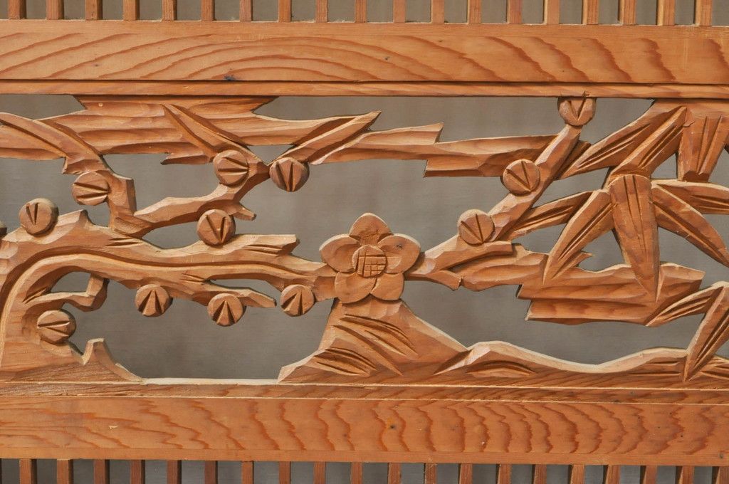 ビンテージ建具 松竹梅 和の空間を演出する彫刻入り組子欄間2枚セット(明り取り、明かり取り、彫刻欄間、ランマ、ヴィンテージ)(R-076368)