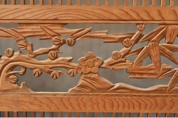 ビンテージ建具　松竹梅　和の空間を演出する彫刻入り組子欄間2枚セット(明り取り、明かり取り、彫刻欄間、ランマ、ヴィンテージ)(R-076368)