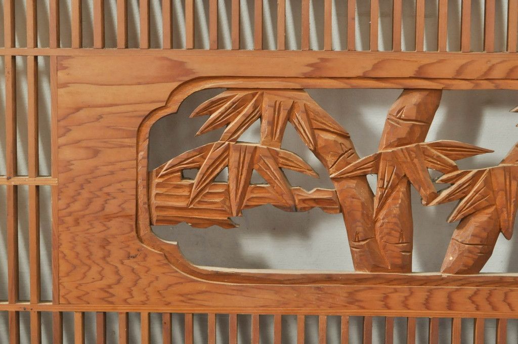 ビンテージ建具 松竹梅 和の空間を演出する彫刻入り組子欄間2枚セット(明り取り、明かり取り、彫刻欄間、ランマ、ヴィンテージ)(R-076368)