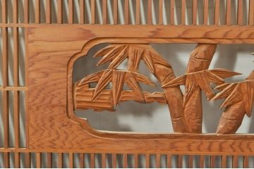 ビンテージ建具　松竹梅　和の空間を演出する彫刻入り組子欄間2枚セット(明り取り、明かり取り、彫刻欄間、ランマ、ヴィンテージ)(R-076368)