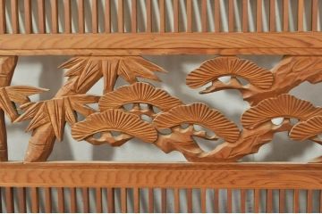 ビンテージ建具 松竹梅 和の空間を演出する彫刻入り組子欄間2枚セット(明り取り、明かり取り、彫刻欄間、ランマ、ヴィンテージ)(R-076368)