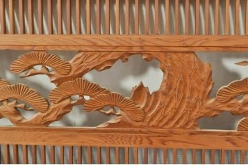 ビンテージ建具　松竹梅　和の空間を演出する彫刻入り組子欄間2枚セット(明り取り、明かり取り、彫刻欄間、ランマ、ヴィンテージ)(R-076368)