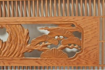 ビンテージ建具　松竹梅　和の空間を演出する彫刻入り組子欄間2枚セット(明り取り、明かり取り、彫刻欄間、ランマ、ヴィンテージ)(R-076368)