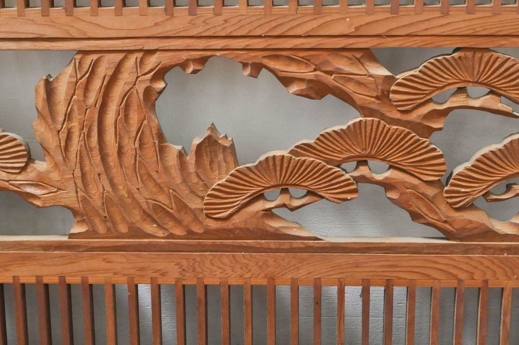 ビンテージ建具 松竹梅 和の空間を演出する彫刻入り組子欄間2枚セット(明り取り、明かり取り、彫刻欄間、ランマ、ヴィンテージ)(R-076368)