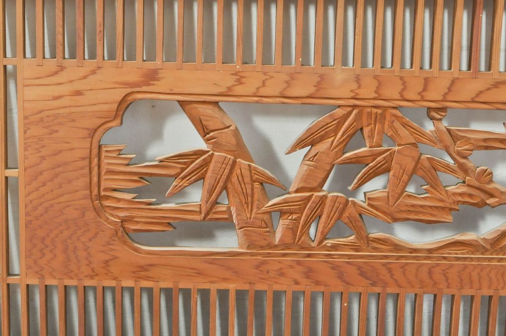 ビンテージ建具 松竹梅 和の空間を演出する彫刻入り組子欄間2枚セット(明り取り、明かり取り、彫刻欄間、ランマ、ヴィンテージ)(R-076368)