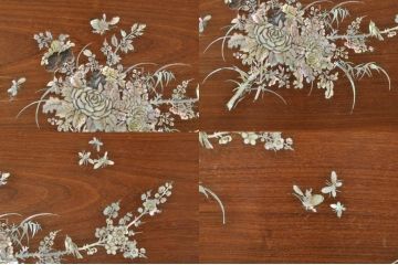 アジアンビンテージ　唐木(花梨、カリン)　螺鈿(ラデン)　象嵌入り　花に舞う蝶の意匠が愛らしいベンチ(長椅子、長イス、板座チェア、アームチェア、ヴィンテージ)(R-076373)
