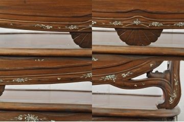 アジアンビンテージ　唐木(花梨、カリン)　螺鈿(ラデン)　象嵌入り　花に舞う蝶の意匠が愛らしいベンチ(長椅子、長イス、板座チェア、アームチェア、ヴィンテージ)(R-076373)