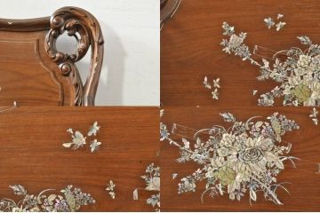 アジアンビンテージ　唐木(花梨、カリン)　螺鈿(ラデン)　象嵌入り　花に舞う蝶の意匠が愛らしいベンチ(長椅子、長イス、板座チェア、アームチェア、ヴィンテージ)(R-076374)