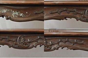 アジアンビンテージ　唐木(花梨、カリン)　螺鈿(ラデン)　象嵌入り　花に舞う蝶の意匠が愛らしいベンチ(長椅子、長イス、板座チェア、アームチェア、ヴィンテージ)(R-076374)
