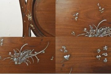アジアンビンテージ　唐木(花梨、カリン)　螺鈿(ラデン)　象嵌入り　花に舞う蝶の意匠が愛らしいベンチ(長椅子、長イス、板座チェア、アームチェア、ヴィンテージ)(R-076374)