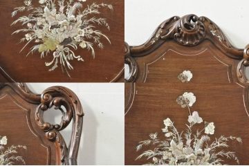 アジアンビンテージ　唐木(花梨、カリン)　螺鈿(ラデン)　象嵌入り　花に舞う蝶の意匠が愛らしいアームチェア(ダイニングチェア、板座チェア、椅子、イス、ヴィンテージ)(R-076375)