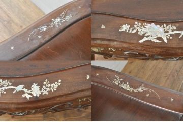 アジアンビンテージ　唐木(花梨、カリン)　螺鈿(ラデン)　象嵌入り　花に舞う蝶の意匠が愛らしいアームチェア(ダイニングチェア、板座チェア、椅子、イス、ヴィンテージ)(R-076376)