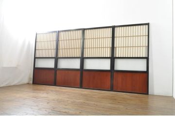アンティーク建具　和モダンな空間づくりにおすすめなガラス入り障子戸4枚セット(引き戸、ガラス帯戸)(R-076387)