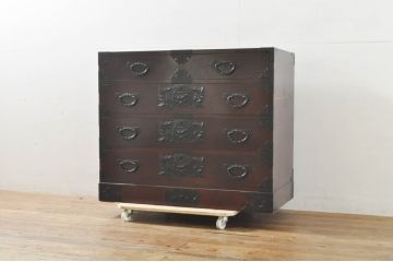 中古　欅産業　仙台民芸箪笥(仙台箪笥)　漆塗りの品のある佇まいが美しい衣装箪笥(引き出し、サイドチェスト、収納箪笥、和たんす)(R-076418)
