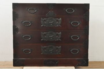 中古　欅産業　仙台民芸箪笥(仙台箪笥)　漆塗りの品のある佇まいが美しい衣装箪笥(引き出し、サイドチェスト、収納箪笥、和たんす)(R-076418)
