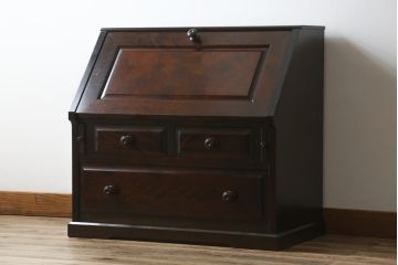 中古　北海道民芸家具　コンパクトで使い勝手の良いライティングビューロー(簿記机、ワークデスク、引き出し、サイドチェスト、在宅用、在宅ワーク用)(R-076426)