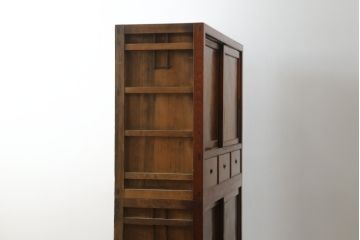 和製アンティーク　檜(ヒノキ)材・欅(ケヤキ)材　シンプルなつくりがお部屋に取り入れやすい二段重ね収納棚(戸棚、キャビネット、重ねタンス、茶棚、茶箪笥、水屋箪笥、食器棚、サイドボード、店舗什器)(R-076429)